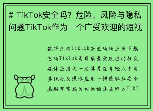# TikTok安全吗？危险、风险与隐私问题TikTok作为一个广受欢迎的短视频平台，吸引了全球